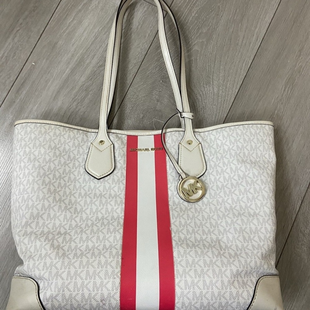 Michael Kors White and Pink Stripe Tote